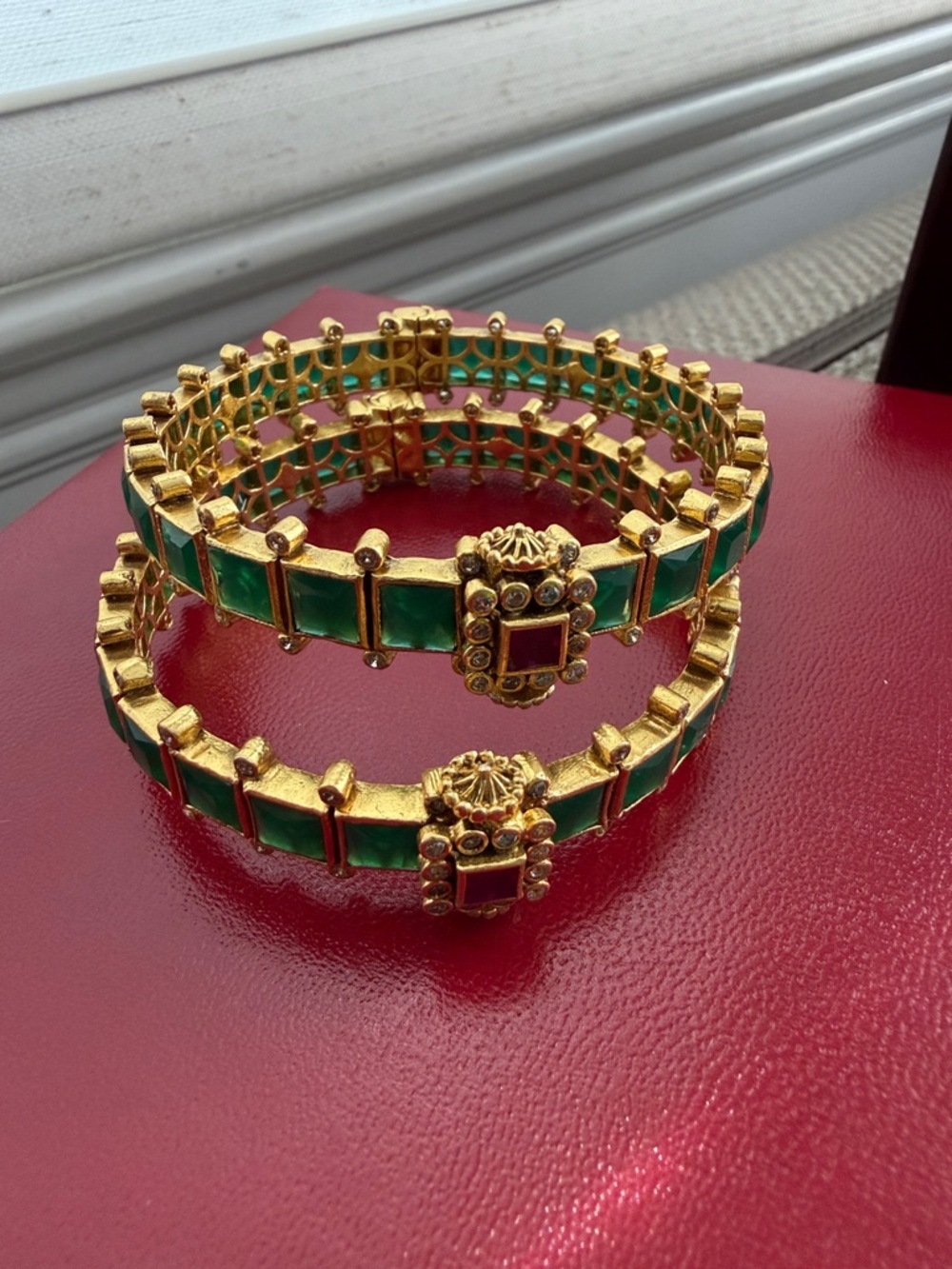 Gold-Tone Green Stone Bangle Bracelet Set - Unknown Brand